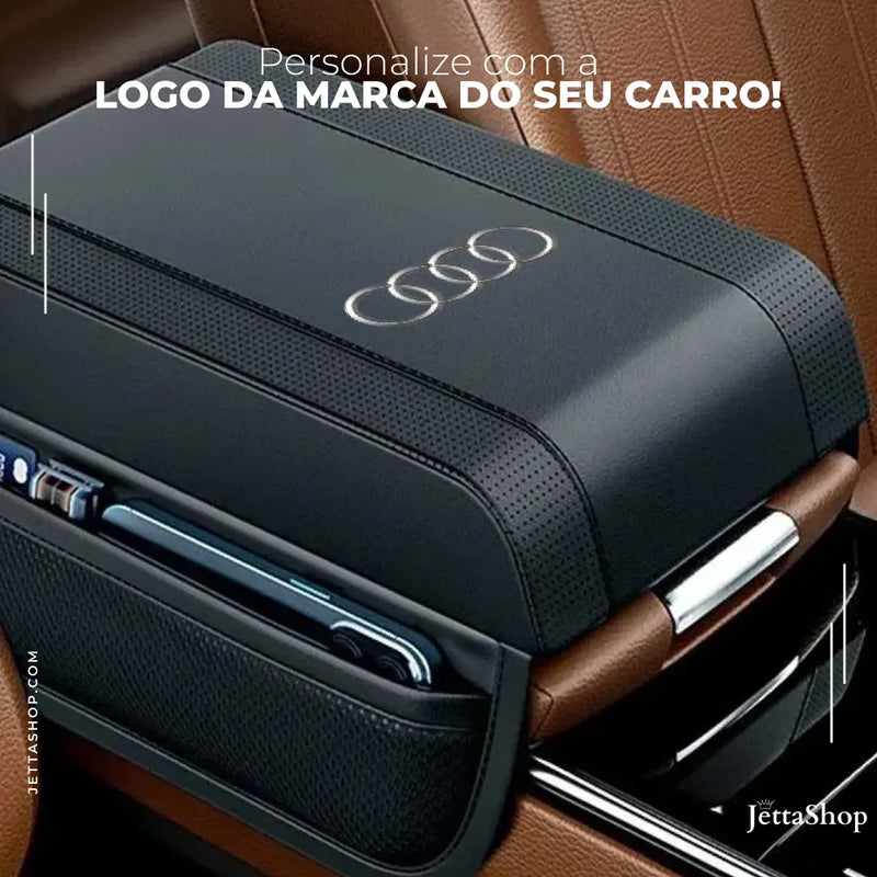 RestJetta ™ - Apoio de Braço Em Couro com Porta Objetos Automotivo [PERSONALIZE COM A LOGOMARCA DO SEU CARRO]